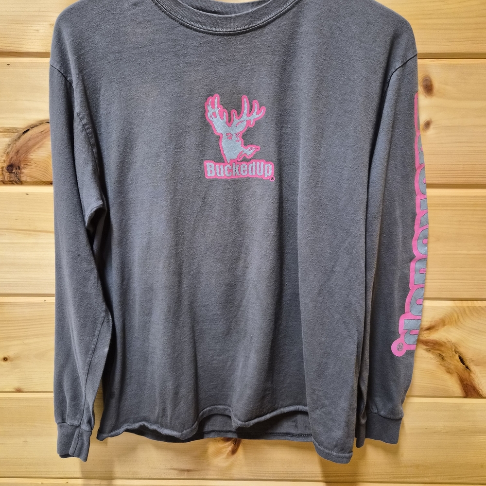 Vintage Gildan Grey Bucked Up Long Sleeve Tee with Pink BuckedUp Logo